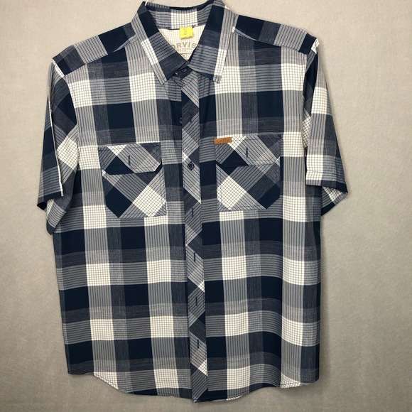 Orvis Men's Short Sleeve Blue Plaid Button Up Size Medium 100% Poly‎ Lightweight - Picture 3 of 6